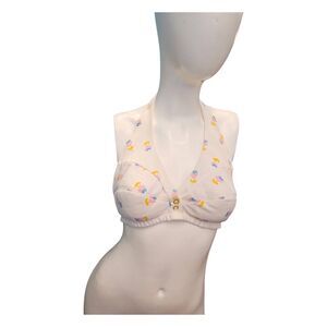 Vintage 70's White Floral Bikini Top Womens size 12 Swimwear